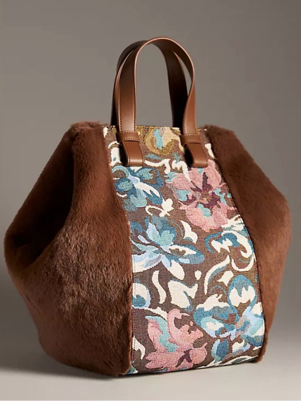 Anthropologie Floral Tapestry Faux Fur Satchel Handbag Crossbody Brown Motif New